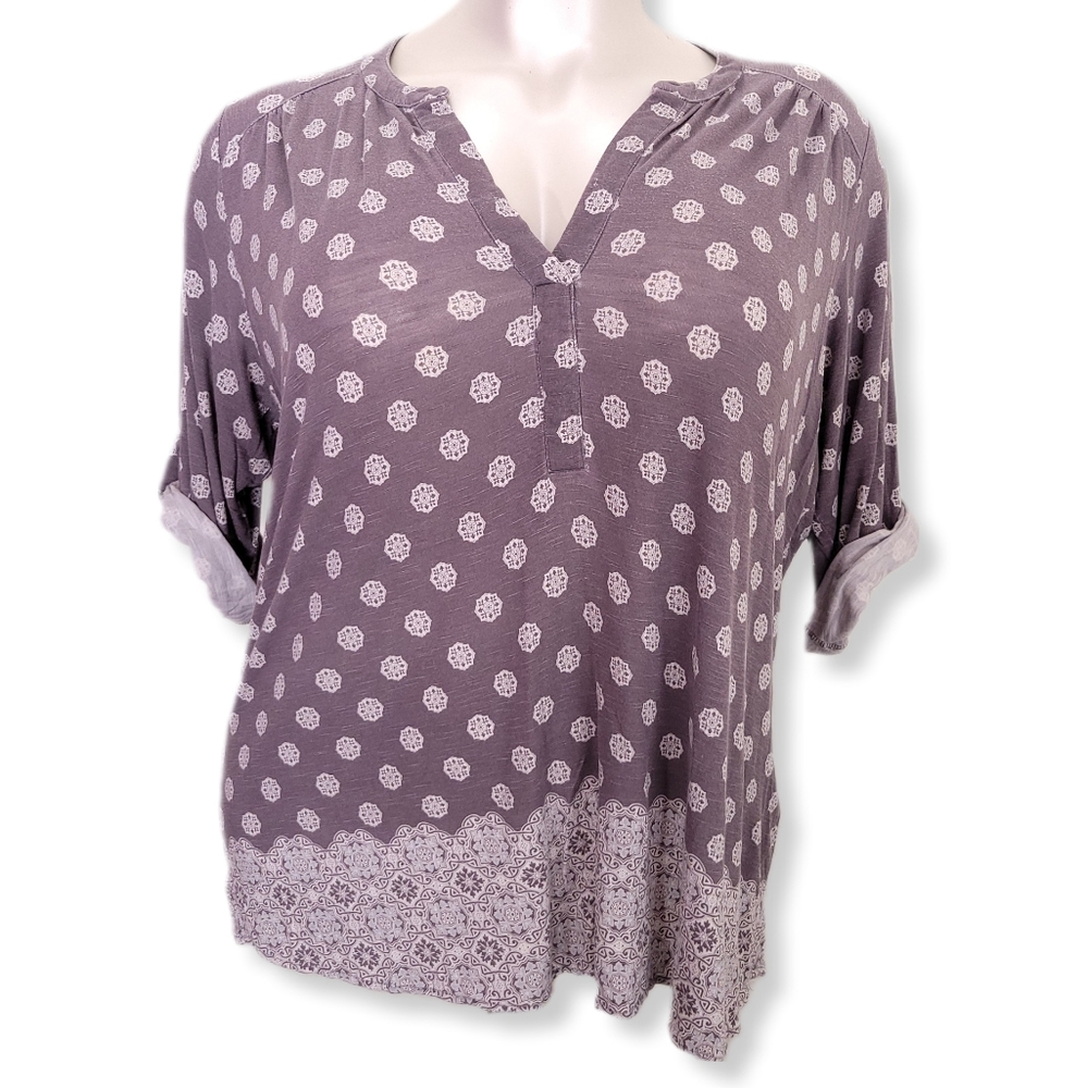 Max Jeans Womens 2X Top Gray White 3/4 Roll-Tab Sleeve V-Neck Stretch Tunic Boho